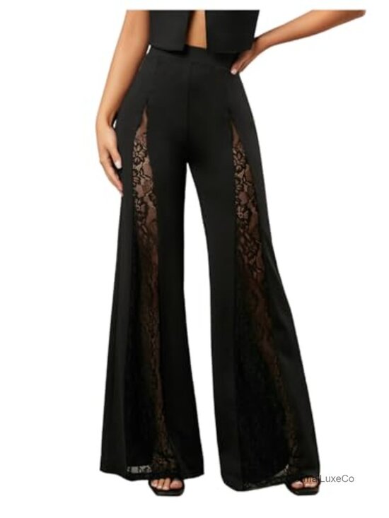 Pants - Elegant Floral Lace Bell Bottom Pants High Waist